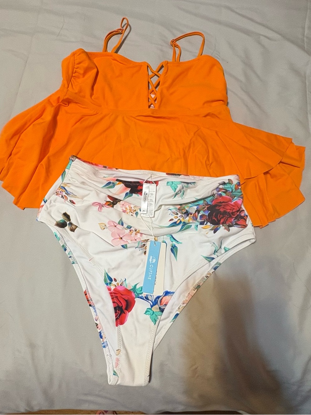 Cupshe Neon Orange Tankini Swim Top with Floral High Waisted Bottom